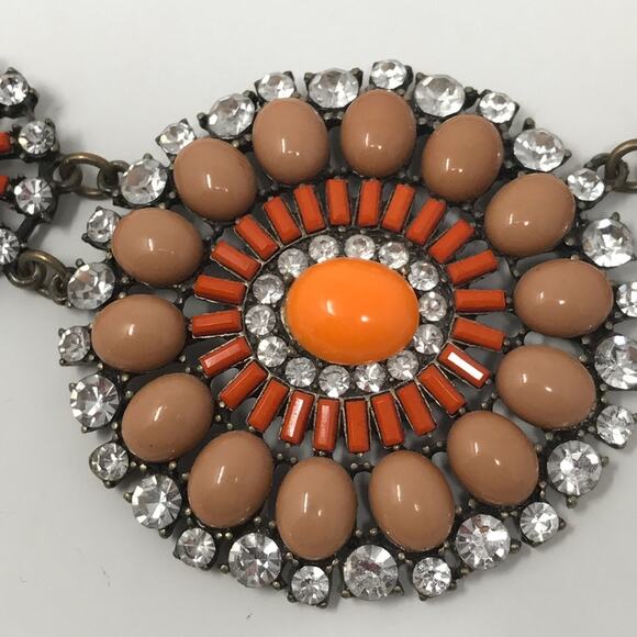 J Crew Chunky Coral Orange Gold Rhinestone Statement Necklace retro jewelry - Picture 3 of 10